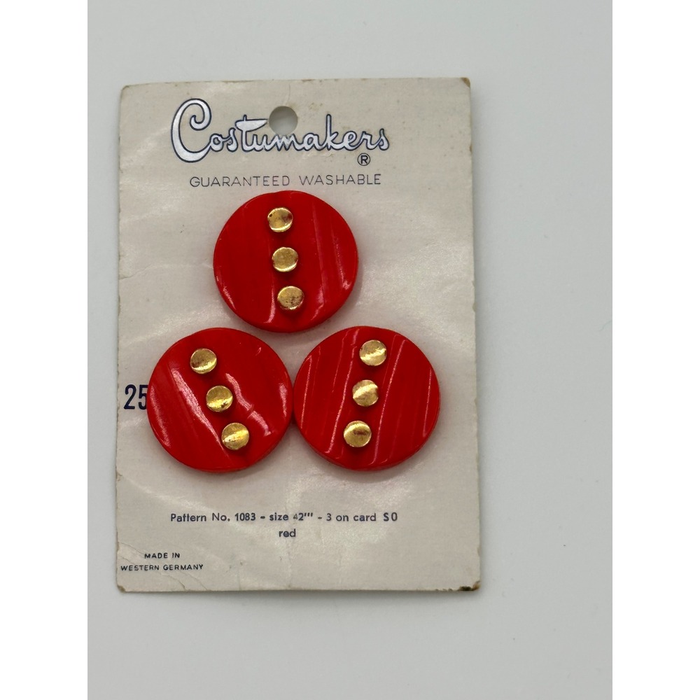 Costumakers Buttons Vintage Red Round Gold Studded Shank Red 42L 1 1/16 Inch
